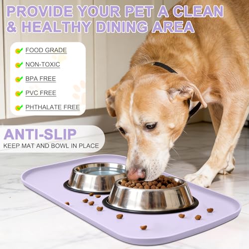 Waterproof Silicone Pet Food Mat with Raised Edge for Dog & Cat (Light Purple / 22"L x 14"W)