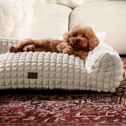 Cat Couch Bed with Fluffy Faux Rabbit Fur for Indoor Cats (Off White / Large: 36"L x 27"W x 10"Th)