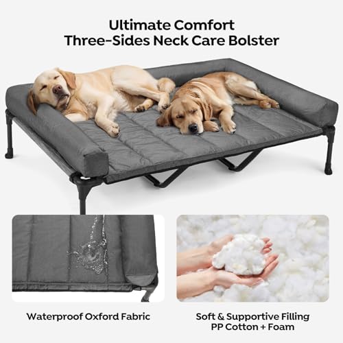 Outdoor Elevated Dog Bed with Waterproof Bolster Cushion (Black Silver / 59.0"L x 37.5"W x 9.0"Th)