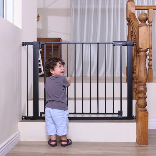 Baby Gate for Stairs No Drilling (Black / 41-46"W, 30"H)