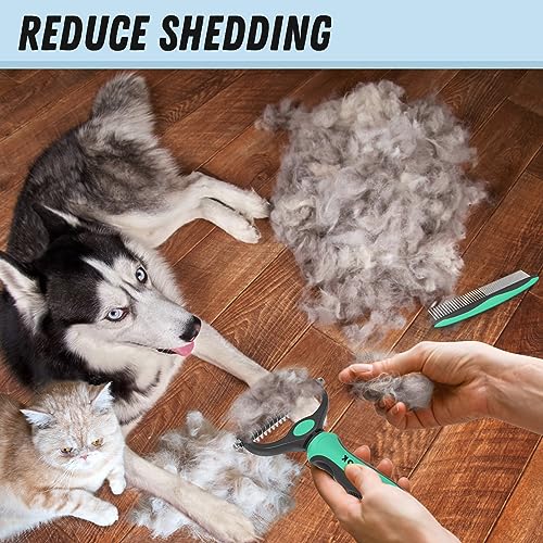 Pet Grooming Brush and Metal Comb Combo for Dogs & Cats (Green)