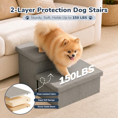 2 Step Wide Dog Stairs with Storage 11" H (Light Grey / 20"D x 13"W x 11"H)