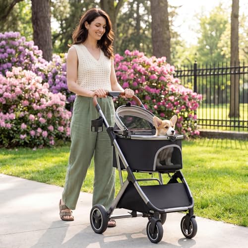 Dog Strollers for Small Medium Dogs Cats 44 lbs (Black&Beige)