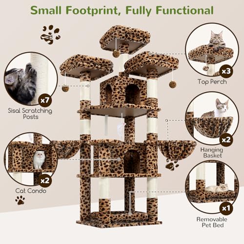 Big XL Cat Tower for Indoor Multiple Cats (Leopard Print / 68 inch)