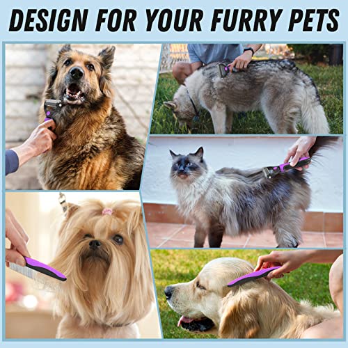 Pet Grooming Brush and Metal Comb Combo (Purple)