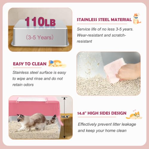 XL Enclosed Stainless Steel Cat Litter Box with Lid (Pink)