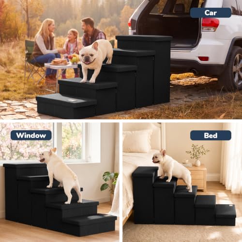 5 Step Wide Dog Stairs with Storage 23" H (Black / 50"D x 17"W x 23"H)