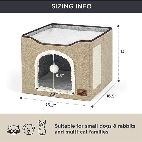 Cat House Bed for Indoor Cats with Fluffy Ball and Scratch Pad (Brown / Single)