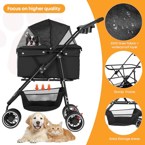 Pet Stroller Dog Stroller for Small Medium Dogs Cats (Black)