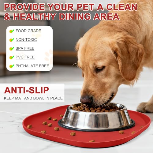 Waterproof Silicone Pet Food Mat with Raised Edge for Dog & Cat (Red / 12"L x 12"W)