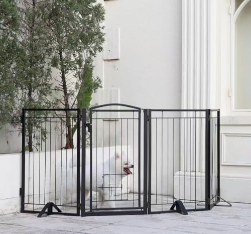 Full Metal Freestanding Dog Gate with Cat Door for Indoor & Outdoor (Black / 【4 Panels with Door】80"W×32"H)