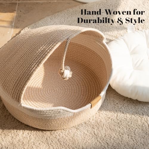 Cat Basket Bed with Washable Cushion and Ball Rope Cotton (White)