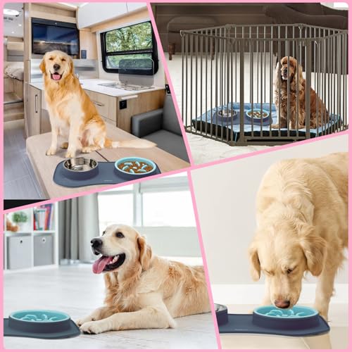 Slow Feeder Dog Bowls 3 in 1 Stainless Steel Food Water Bowl to Slow Eating (Large Breed / Light Grey)