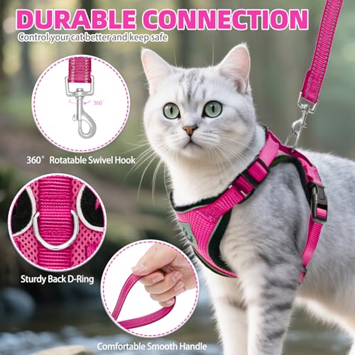Cat Harness and Leash Set Escape Proof Reflective Cat Walking Harness Adjustable Soft Breathable Mesh Vest for Small Pets (M (NECK 11"-13.7", CHEST 16"-20") / Deep Pink)