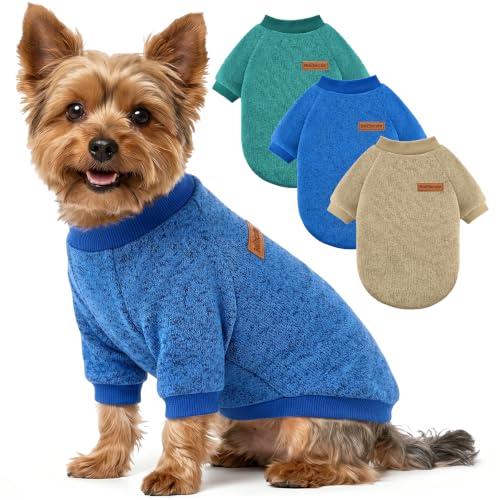 3 Pack Dog Sweaters for Small Dogs Girl Boy Winter Fleece Clothes Warm Soft Dog Sweatshirt Outfit for Dogs Cats Pet Apparel (Green+Brown+Blue / L (Back: 15.7", Chest: 19.6", 14-18 lbs))