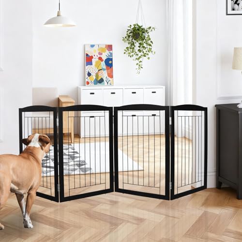 Freestanding Foldable Dog Gate for House Extra Wide Wooden Black Indoor Puppy Gate Stairs Dog Gates Doorways Tall Pet Gate 4 Panels Fence (Black / 【4 Panels】80''w x 32''h)