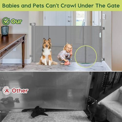 Reinforced 55" Wide Retractable Dog Gate with Support Rods (Gray / 33" Tall x 55" Wide（ With Reinforced Bar ）)