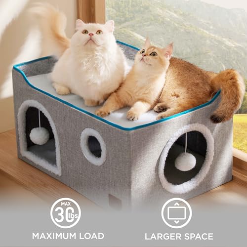 Extra Wide Cat House Bed with Fluffy Ball and Scratch Pad (Grey / Widen)