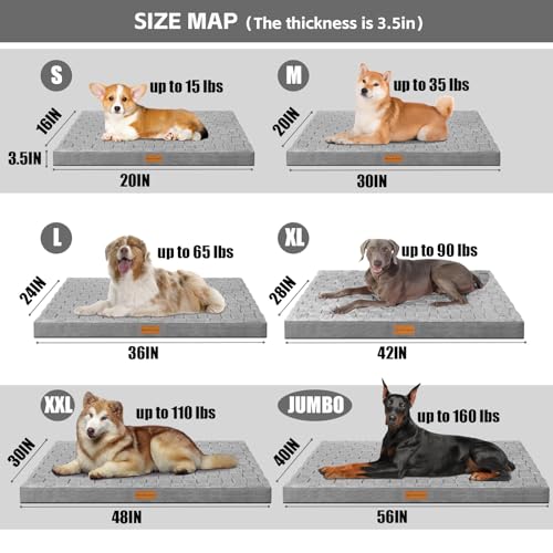 Orthopedic Large Dog Bed Washable Pet Crate Mat 48''X30'' Grey (Grey / 48"L x 30"W x 3.5"Th)
