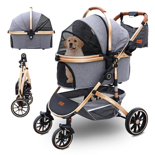 Dog Stroller with Removable Carrier Foldable Pet Stroller (gray)