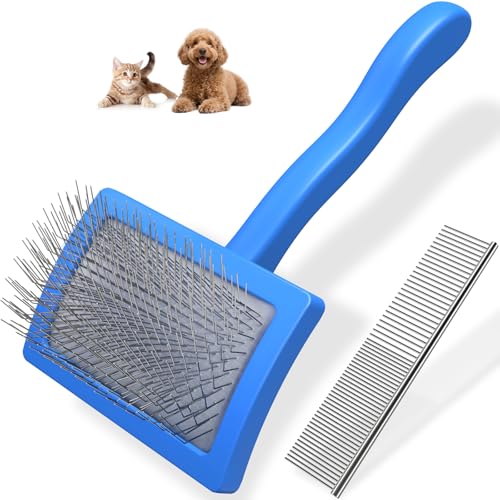 2PCS Slicker Brush for Dogs & Pet Comb (Blue / Medium)