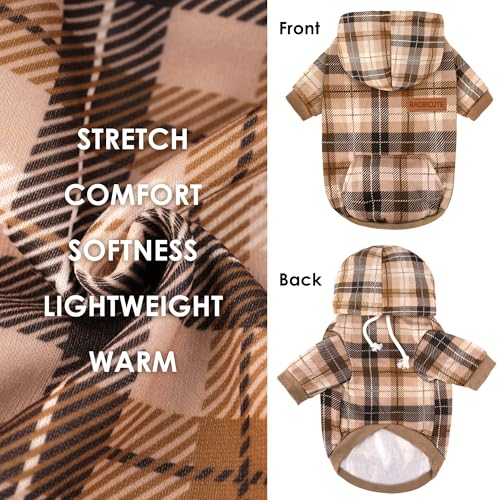 Dog Basic Hoodie Soft Dog Clothes Cold Weather Sweaters for Medium Large Dogs Cozy Fabric Warm Sweatshirt with Leash Hole for Boys (Khaki Plaid / S(Back: 12.6",Chest:18.11", 5-10 lbs))