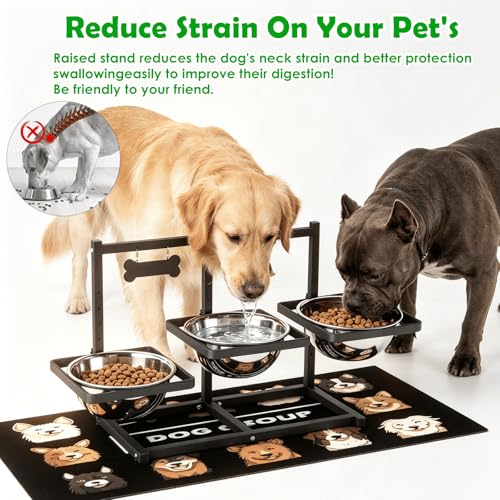 Elevated Dog Bowls Stand for Large (Triple Dog Bowl & Mat / X-Large Dogs)