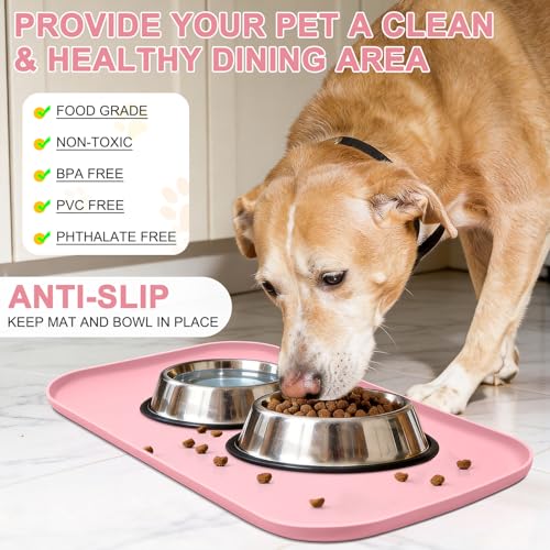 Waterproof Silicone Pet Food Mat with Raised Edge for Dog & Cat (Sakura Pink / 24"L x 16"W)