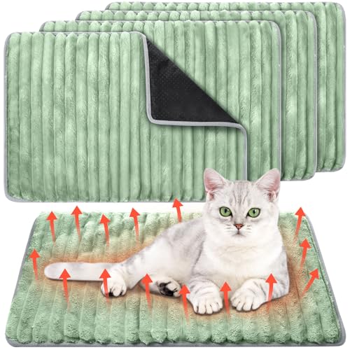 4 Pack Self Warming Cat Bed 24 x18 Self Heating Dog Cat Pad Bulk Crate Mat Extra Warm Thermal Big Pet Pad for Indoor Outdoor Pets Houses with Removable Washable Cover Non Slip (Light Green)