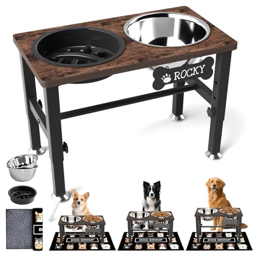 Elevated Dog Bowls with Slow Feeder & Mat for Medium and Large Dogs (Brown-1.7L)