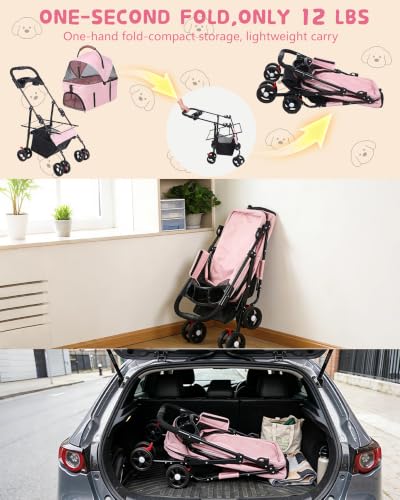 Pet Stroller 3 in1 Foldable Dog Cat Stroller with Detachable Carrier (PINK)