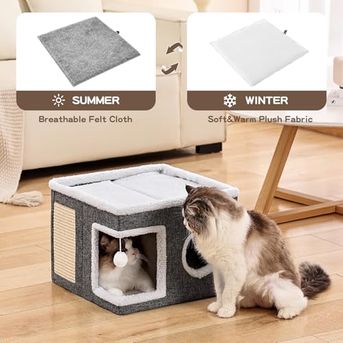 Large Cat Houses for Indoor Cats with Fluffy Ball and Scratch Pad (SingleA / Large)