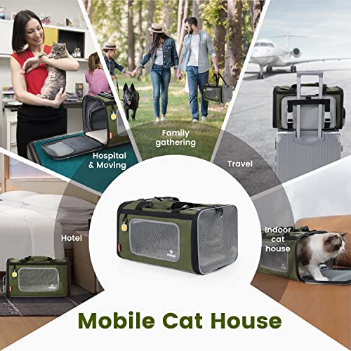 Cat Carrier Airline Approved Expandable Breathable Safety Leash (Grey and Olive Green)