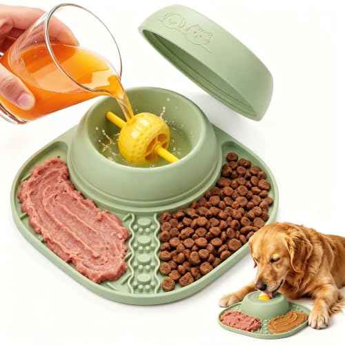 Slow Feeder Dog Bowls with Rolling Ball & Lick Mat (Green)