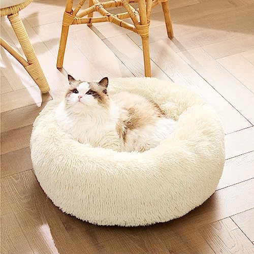 Calming Cat Beds Donut Round Washable Kitten Bed (20"L x 20"W x 6"Th / Ivory Beige)
