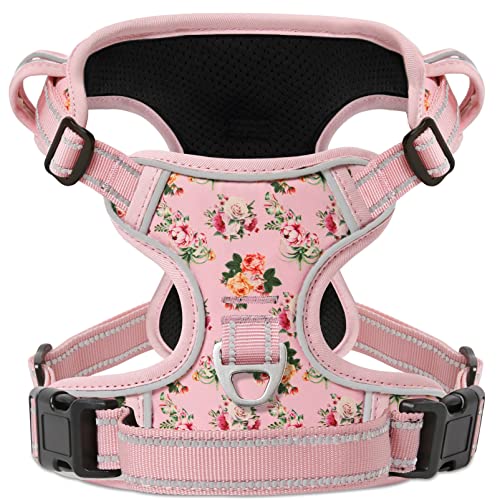 Dog Harness No Pull Adjustable Padded Reflective Harness for Small Medium Large Dogs with Handle for Walking Training (M / Flower-Pink)