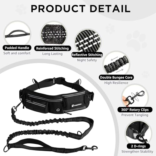 Hands Free Dog Leash with Waist Pack Bungee for Running Black (Black)