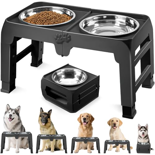 Elevated Dog Bowls for Large Dogs 5 Adjustable Heights 7.5" (Black / 10" for Large Dogs)