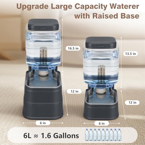 1.6 Gallon Pet Automatic Dog Water Dispenser Cat Gravity Waterer Feeder with Stainless Steel Bowl 8L Large Capacity Puppy Feeding Raised Bowls with Filter (Charcoal Gray / 6L(1.6 Gallon))