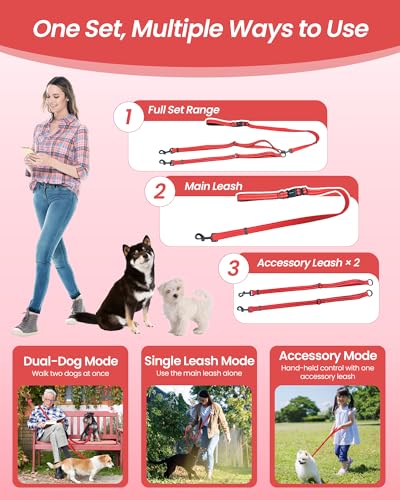3-in-1 Double Dog Leash, Hands-Free Convertible Leash for 1 or 2 Dogs (Red)