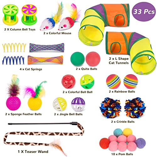 33Pcs Cat Toys for Indoor Cats (Large 2-Way Game Tunnel Toy Set)