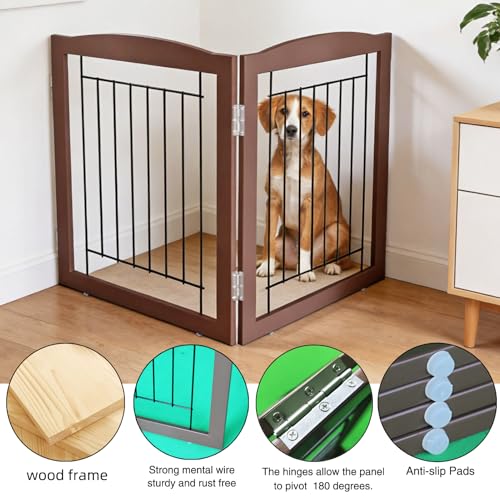 Freestanding Foldable Dog Gate for House Extra Wide Wooden Indoor Puppy Gate Stairs Doorways Pet Gate Tall Dog Fence 2 Panels Fence Brown (Brown / 【2 Panels】40''w x 32''h)