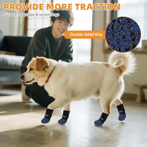 Anti Slip Dog Socks to Prevent Licking Paws (Navy Blue Reflective / Small/Medium (4 Pack))