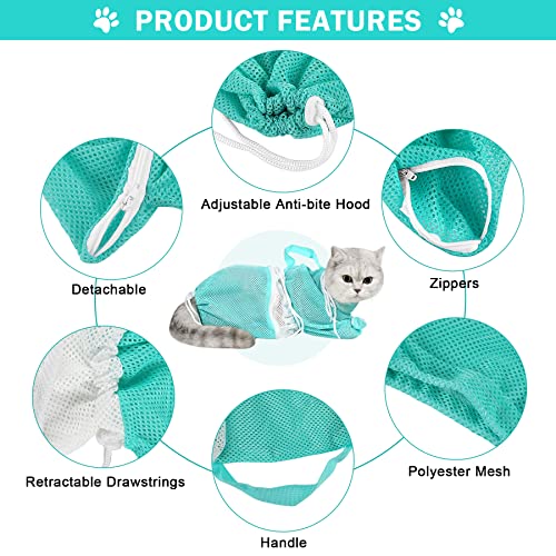 10 PCS Cat Washing Bag for Bath Shower Adjustable Net Grooming Set (Grey+Green)