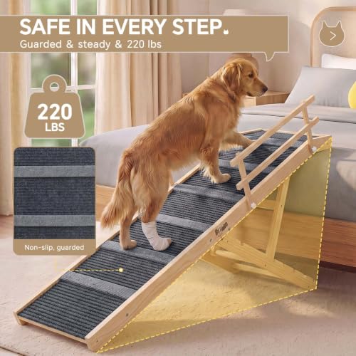 Wooden Dog Ramp for High Bed 65.7" Extra Long Solid Wood Pet Ramp with Non
