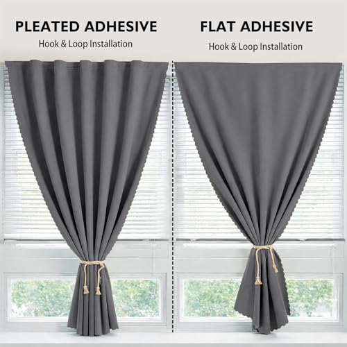 Magic Tape Stick on Curtains Blackout Curtains for Bedroom no Drillng Self Adhesive Curtain no Rod Small Window (Grey / 59"W x 71"L (Pack of 2))