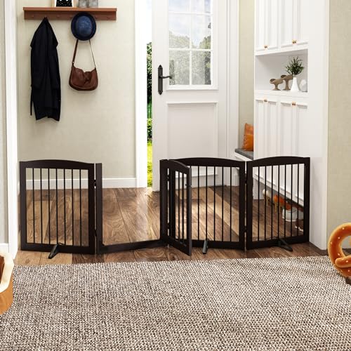 Freestanding Dog Gate with Door (4 Panel 24" / Dark Brown)