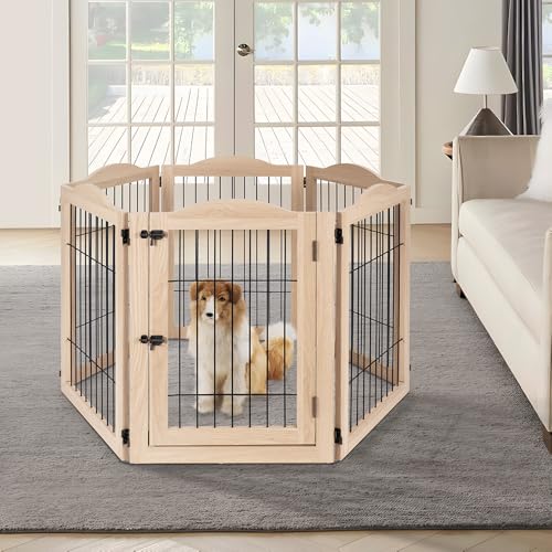 132" Extra Wide Dog Gate and Pet Playpen with Walk Through Door (Nature / 132"W×31.5"H)