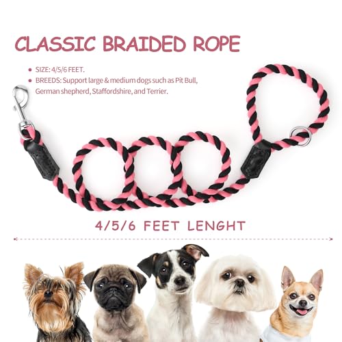 Rainbow Dog Leash Braided Cotton Rope w Leather (Black/Pink / 72 Inch-1/2")
