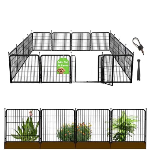 24 in(H) Decorative Garden Fence with Gate,16 Panels Total 31.4 Ft(L) Heavy Duty Iron Animal Barrier Fence for Yard,Suitable for Indoor Pet Or Outdoor Dog Fencing, Garden Border Fence (24''(H)-16panels-31.4ft(L))